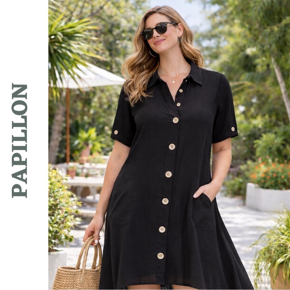 Papillon Black High-Low Shirt Dress Button Front XS NWT